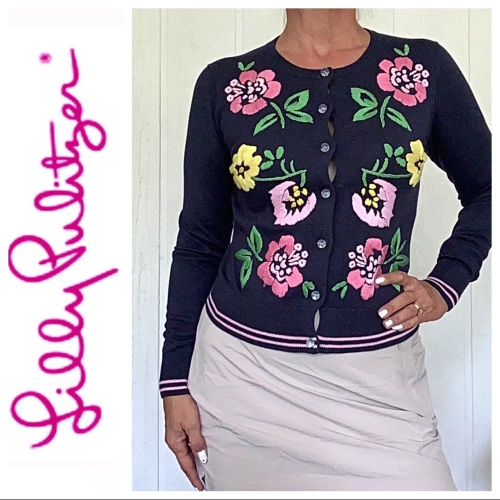 LILLY PULITZER BLUE EMBROIDERED FLORAL CARDIGAN S
